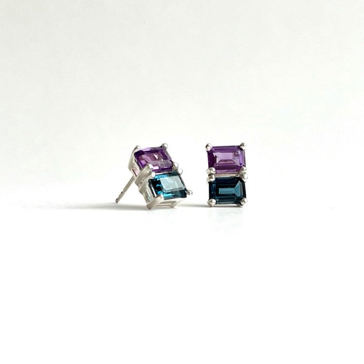 Lexington Earrings side view Amethyst and London Blue Topaz by Hannah Daye & Co
