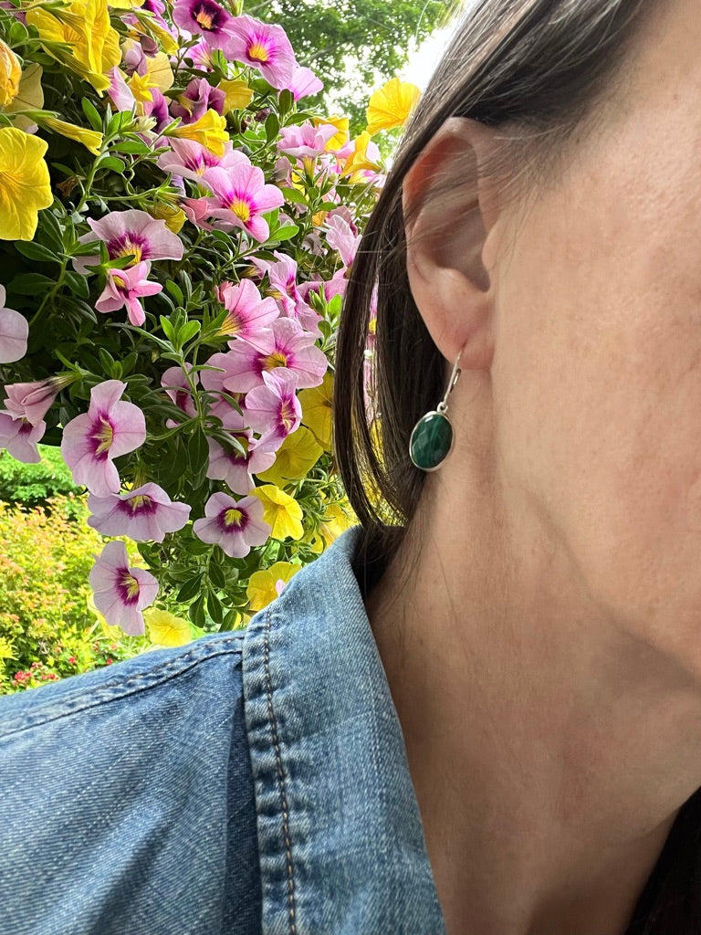 wearing Hannah Daye jewelry Sabine dangle earrings lever-backs Malachite Million Bells pink and yellow flowers