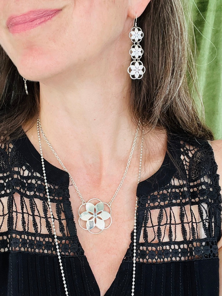 Rosette Chandeliers with Gemstone Rosette Necklace by Hannah Daye