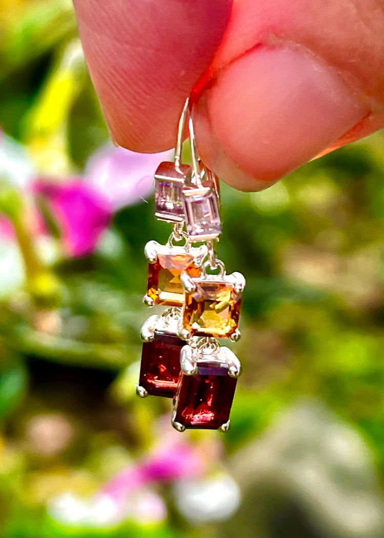 Lexi Double Drops in Garnet Citrine and Rose Amethyst set in Sterling Silver original design fine jewels by Hannah Daye & Co