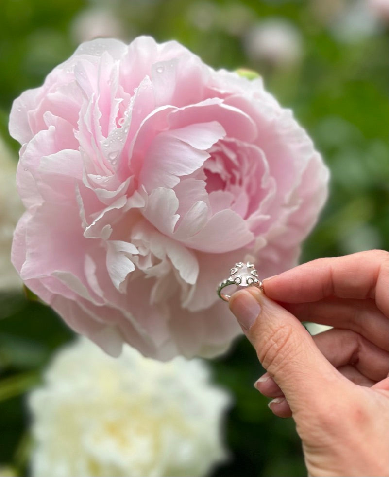 Poppy Ring and Pink peony fine jewelry by Hannah Daye & Co