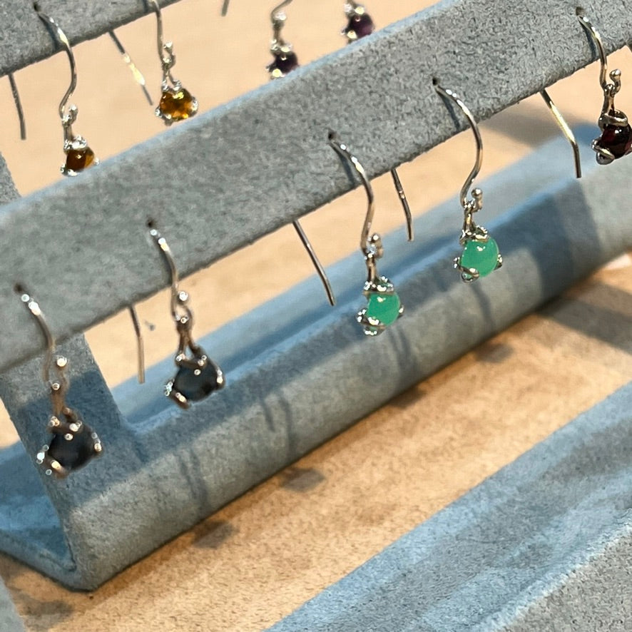 Rows of Fiore Drop Earrings with Mint Chrysoprase as center all set in Sterling Silver by Hannah Daye & Co