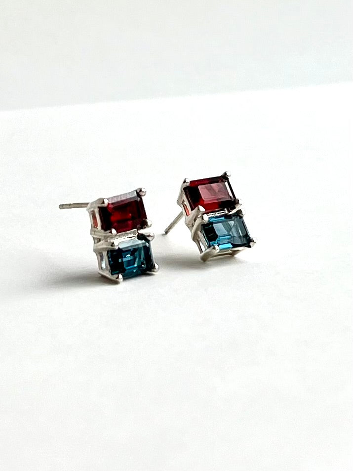 Lexington Earrings garnet and london blue topaz sterling silver studio-crafted Hannah Daye & Co