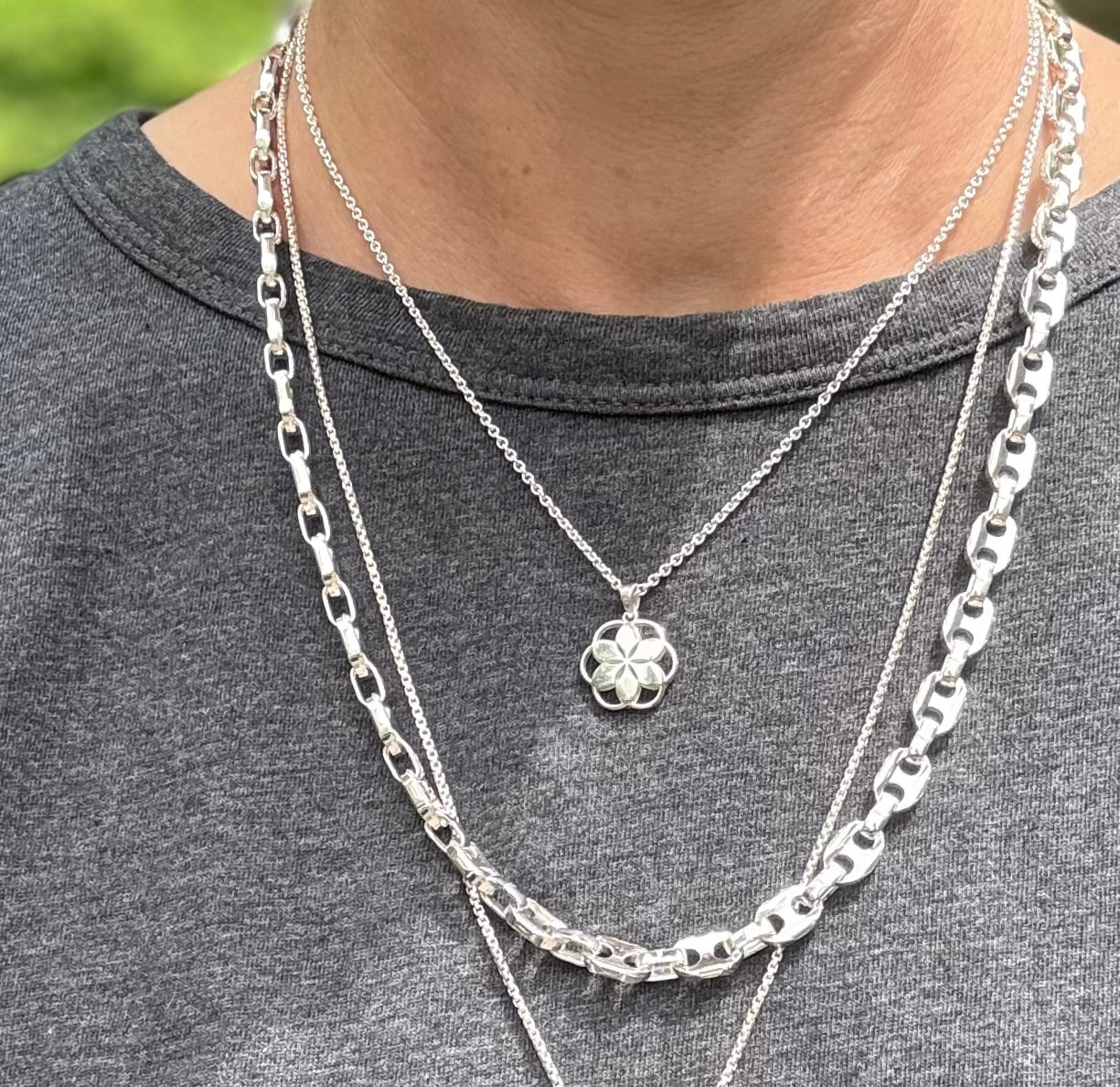 Rosette Piccolo Pendant layered with Mariner Necklace by Hannah Daye fine jewelry Sterling Silver