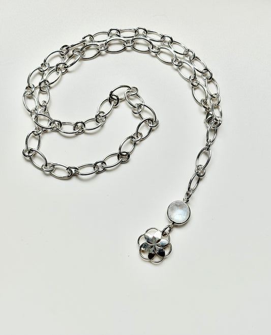 25" Cascade Rainbow Moonstone Lariat Necklace sterling silver by Hannah Daye