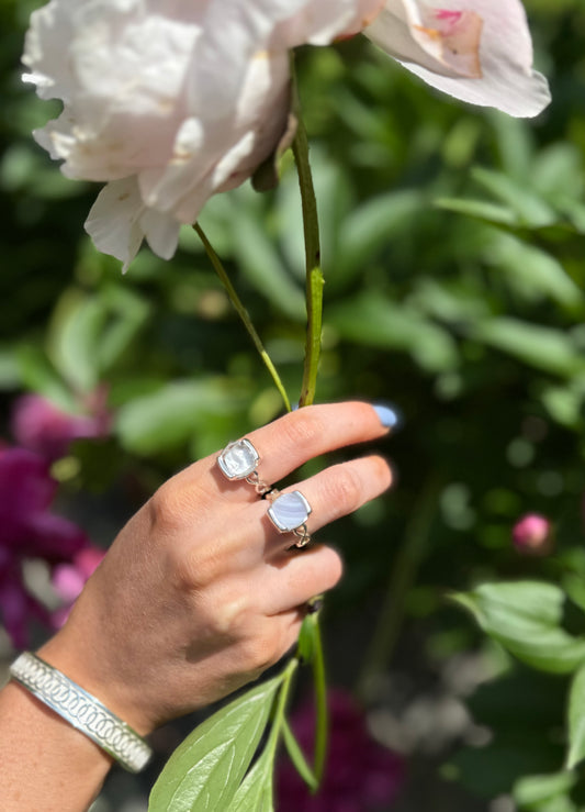 wearing two MIlanese Rings and Oslo Narrow Cuff all by Hannah Daye jewels