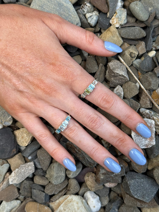 wearing two Lexi baguette Rings by Hannah Daye jewels