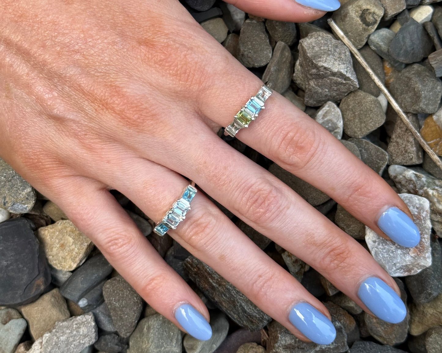 wearing two Lexi baguette Rings by Hannah Daye jewels