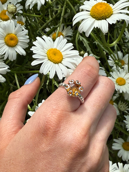 citrine Poppy RIng in sterling silver by Hannah Daye & Co artisan jewelry shown with daisies