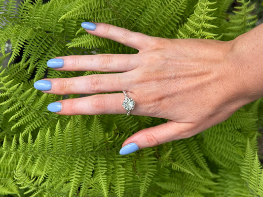 Mint Quartz Poppy Ring shown with ferns Hannah Daye fine jewelry original design