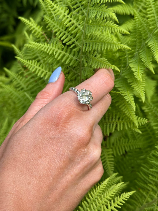 Poppy Ring in Mint Quartz shown with ferns Hannah Daye & Co artisan jewelry