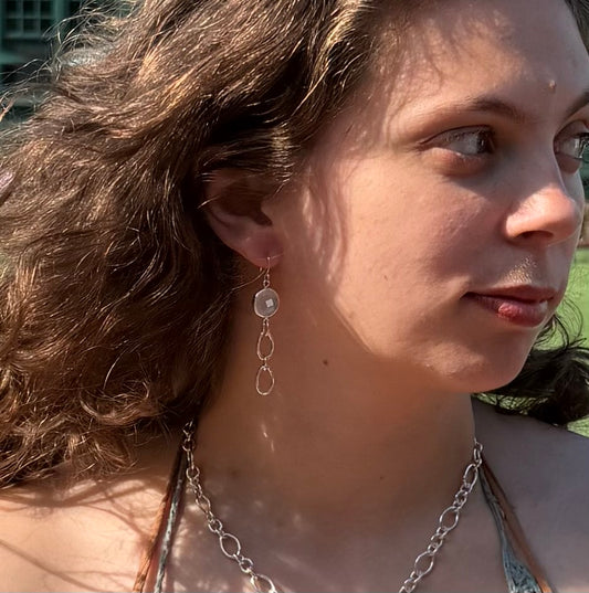 wearing Moonstone Cascade Earrings Hannah Daye one-of-a-kind jewelry