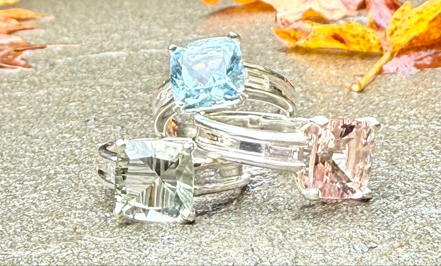 Cushion Cut Rings with LG Diamonds by Hannah Daye & C0 Aquamarine Morganite Green Amethyst original design