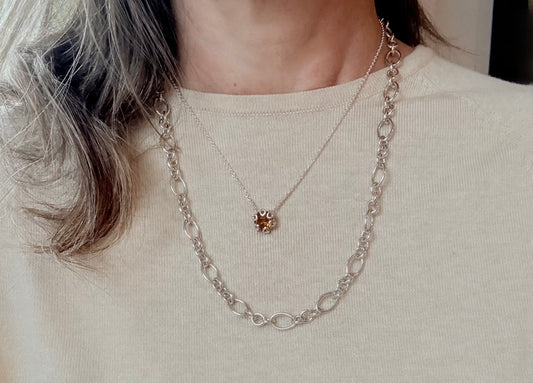 wearing Citrine Poppy Necklace by Hannah Daye & Co original design artisan crafted