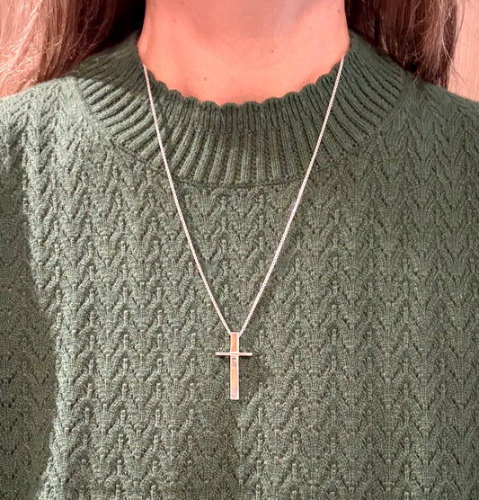 Sterling Silver Cross wearing it Hannah Daye