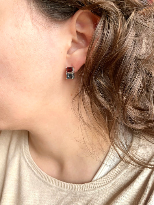 Lexington Earrings garnet and london blue topaz sterling silver artisan-made Hannah Daye & Co
