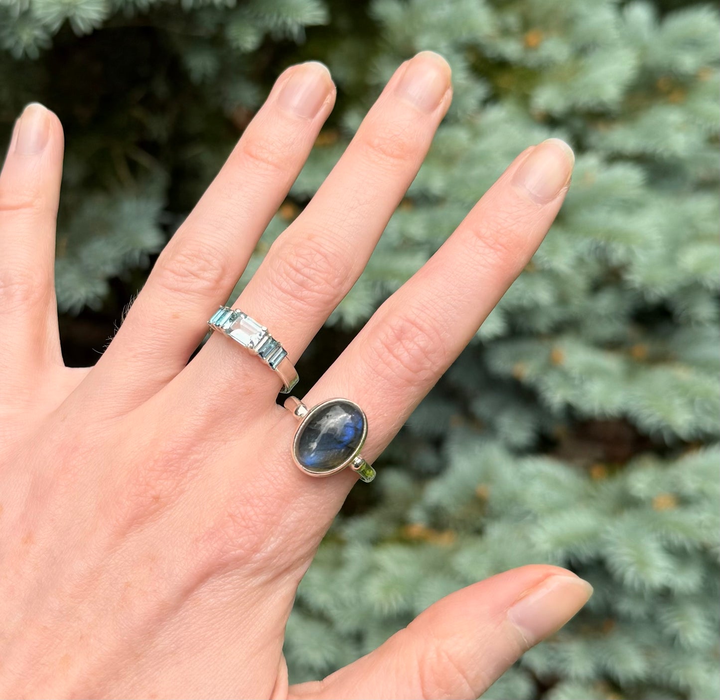 Hand wearing two rings with a natural background