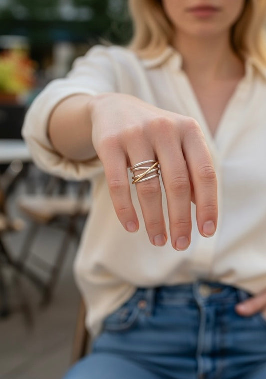 Saturn Ring two-tone 14k gold and sterling silver handcrafted Hannah Daye & Co