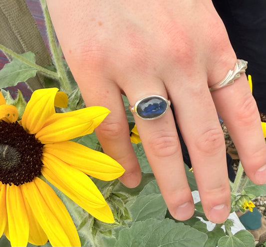 Hand wearing a ring with a blue stone next to a sunflower
