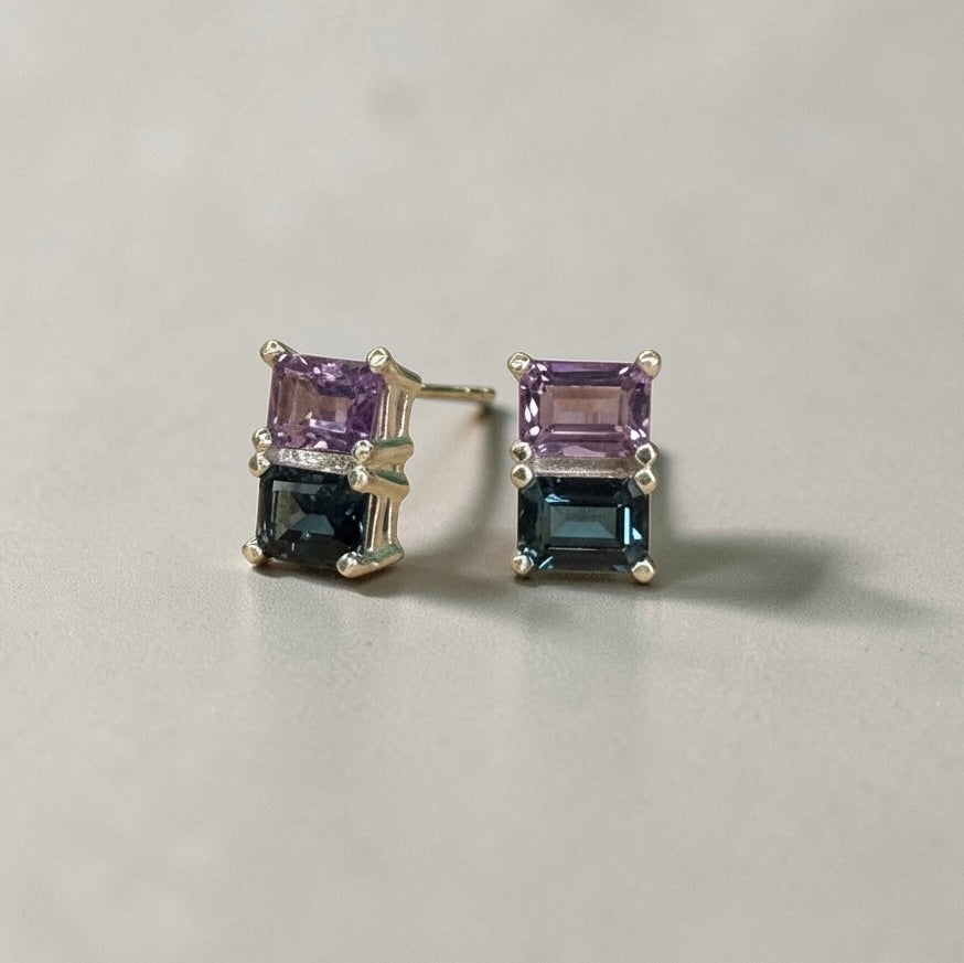 Side view of Lexington Earrings in Rose Amethyst and London Blue Topaz