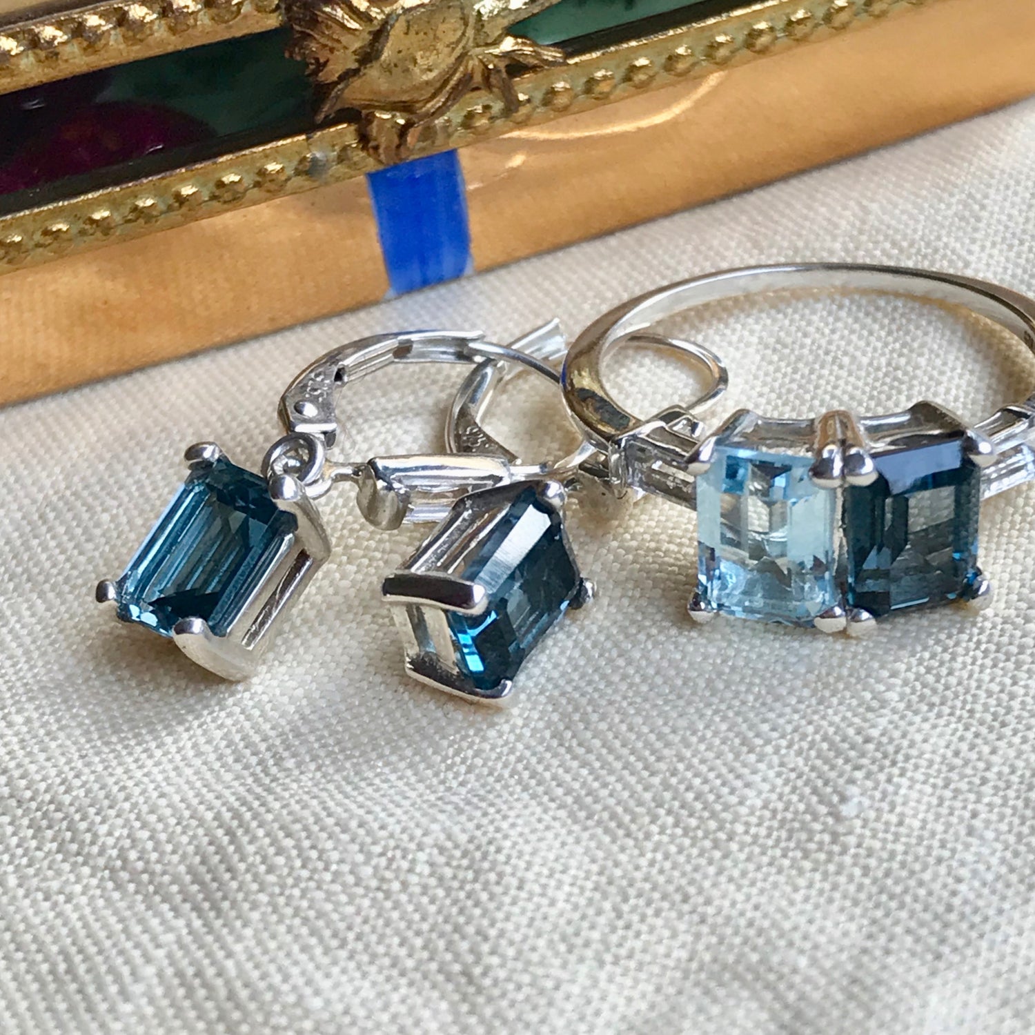 Lexi Drops in London Blue Topaz shown with Lexington Ring by Hannah Daye & Co