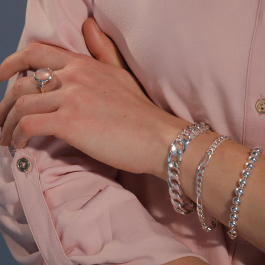Bordillo, Figaro and Bead silver bracelets with Windsor Ring North South Rose Quartz Hannah Daye & Company