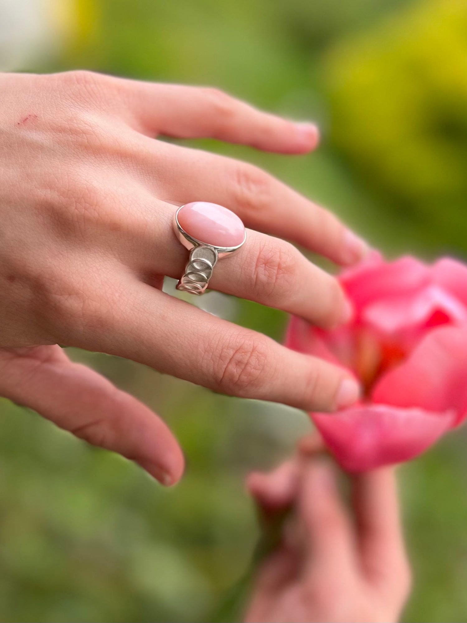 Oslo Pink Opal Ring in Sterling Silver with tulip original design hand-crafted by Hannah Daye & Co