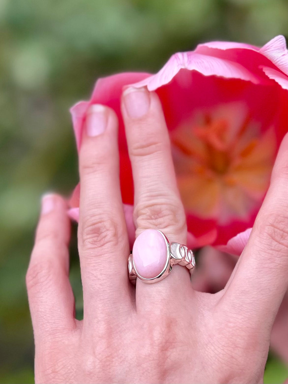 wearing Oslo Ring in Pink Opal sterling silver by Hannah Day & Co original design 