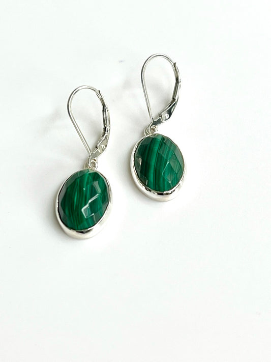 Malachite dangle earrings in sterling silver Sabine collection by Hannah Daye & Co bezel-set