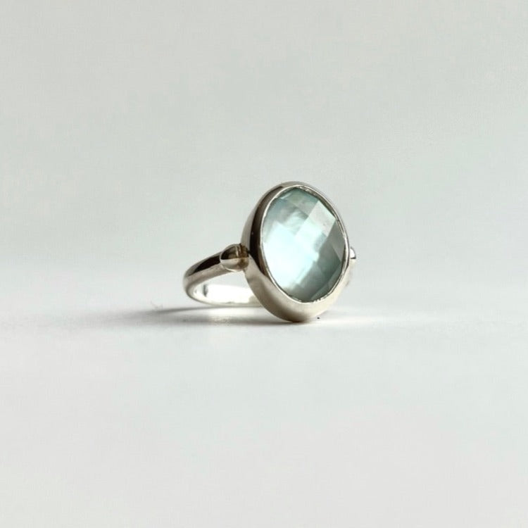Sabine North South Ring in Sky Blue Topaz doublet by Hannah Daye jewels