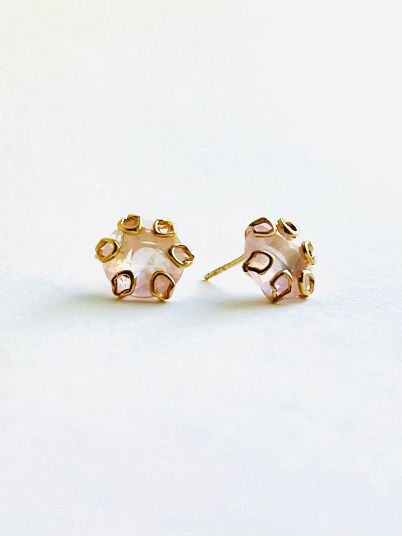 Poppy Earrings by Hannah Daye jewelry in 14k yellow gold and rose quartz post earrings