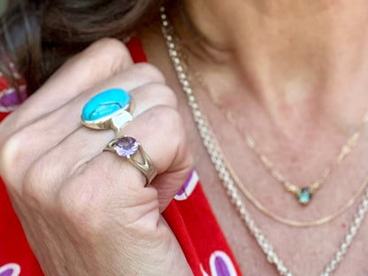 Amethyst Brillante Ring shown with Oslo Turquoise Ring by Hannah Daye & Co sterling silver original design hand-crafted fine jewelry