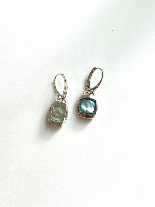 Front and Back sides of Sky Blue Topaz Mother of Pearl Milan Drop leverback earrings sterling silver by Hannah Daye & Co