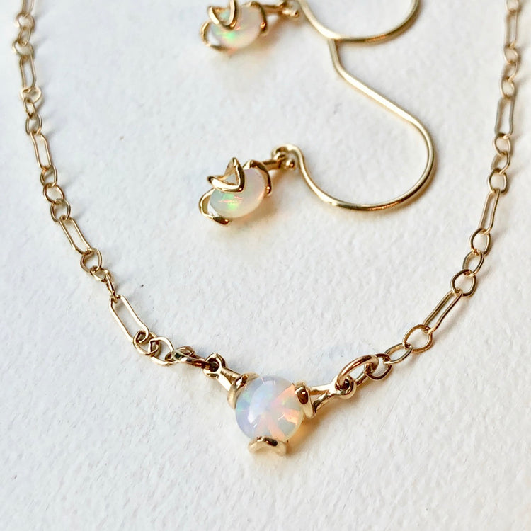 Opal Fiore Gold necklace shown with Fiore drop earrings all 14k original design by Hannah Daye & Co
