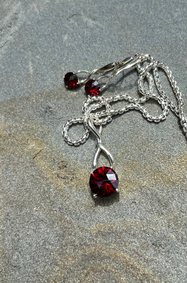 Brillante Garnet Pendant shown with Earrings all by Hannah Daye