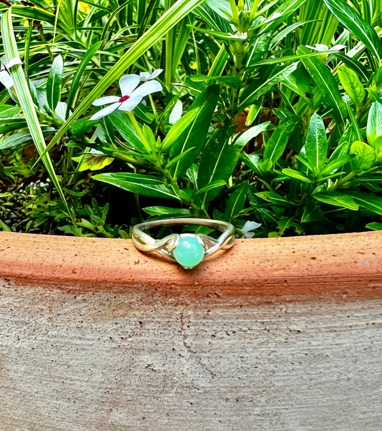 Mint Chrysoprase Fiore Ring Sterling Silver on edge of clay pot with vinca flowers Fine jewelry Ring by Hannah Daye & Co