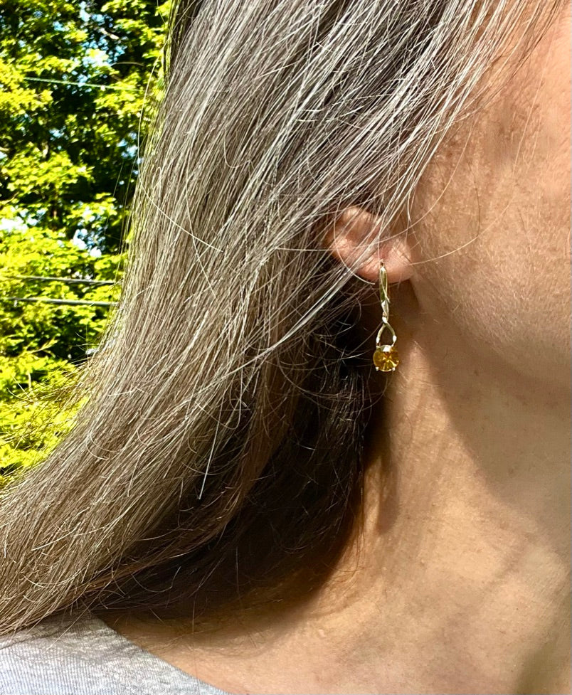 wearing 14k yellow gold Brillante Citrine Earrings by Hannah Daye fine jewelry