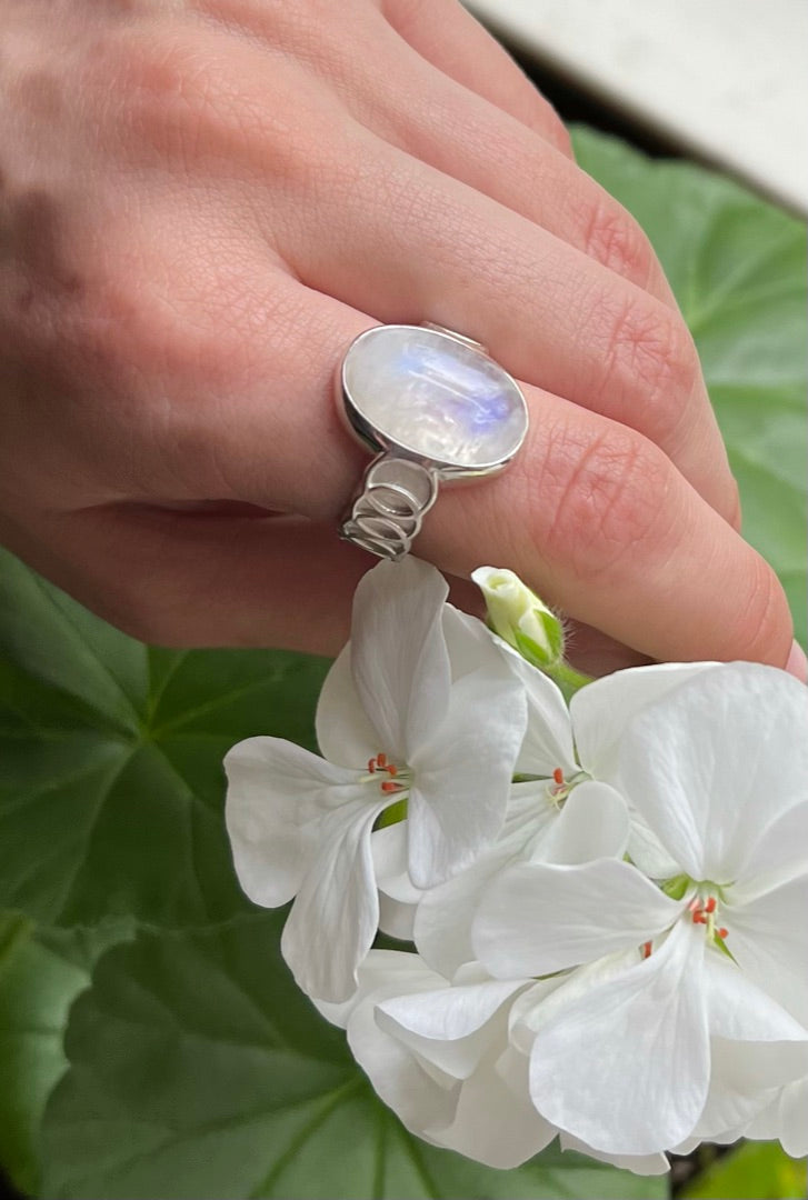 Rainbow Moonstone Oslo sterling silver RIng by Hannah Daye original design fine jewelry