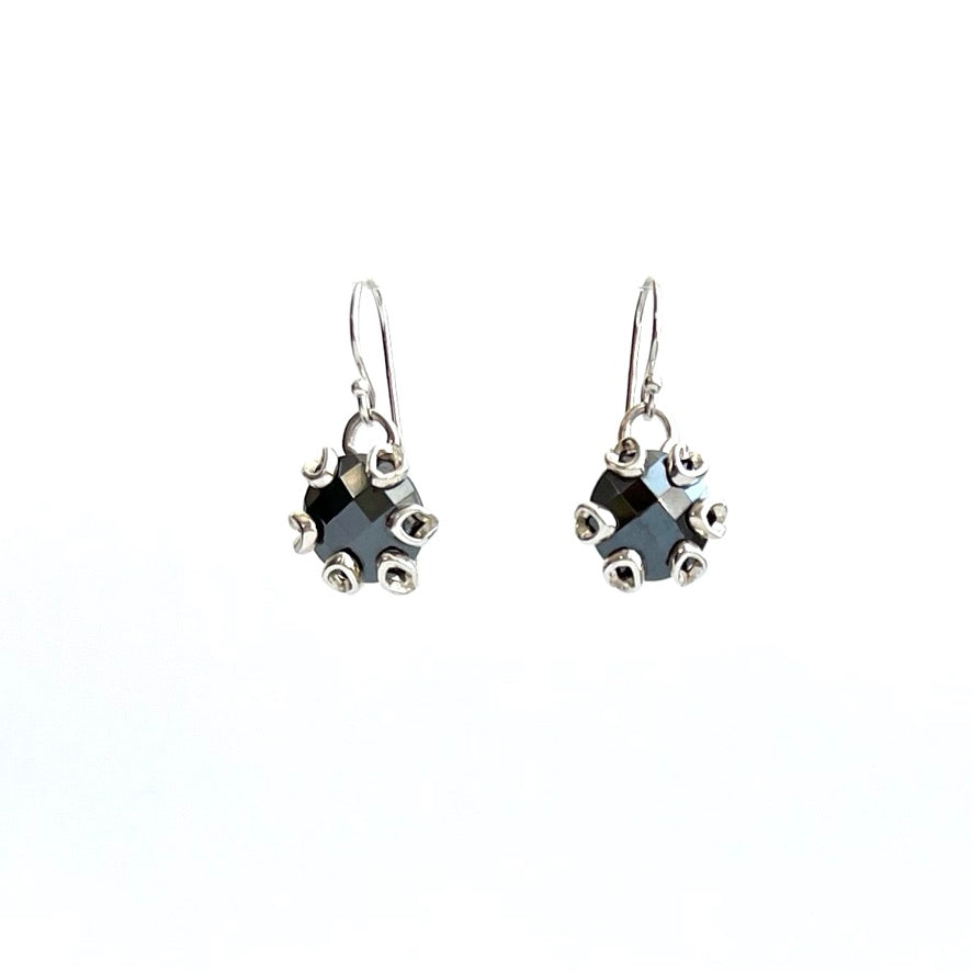 Sterling Silver Hematite Poppy Earrings by Hannah Daye original design black dangle drops