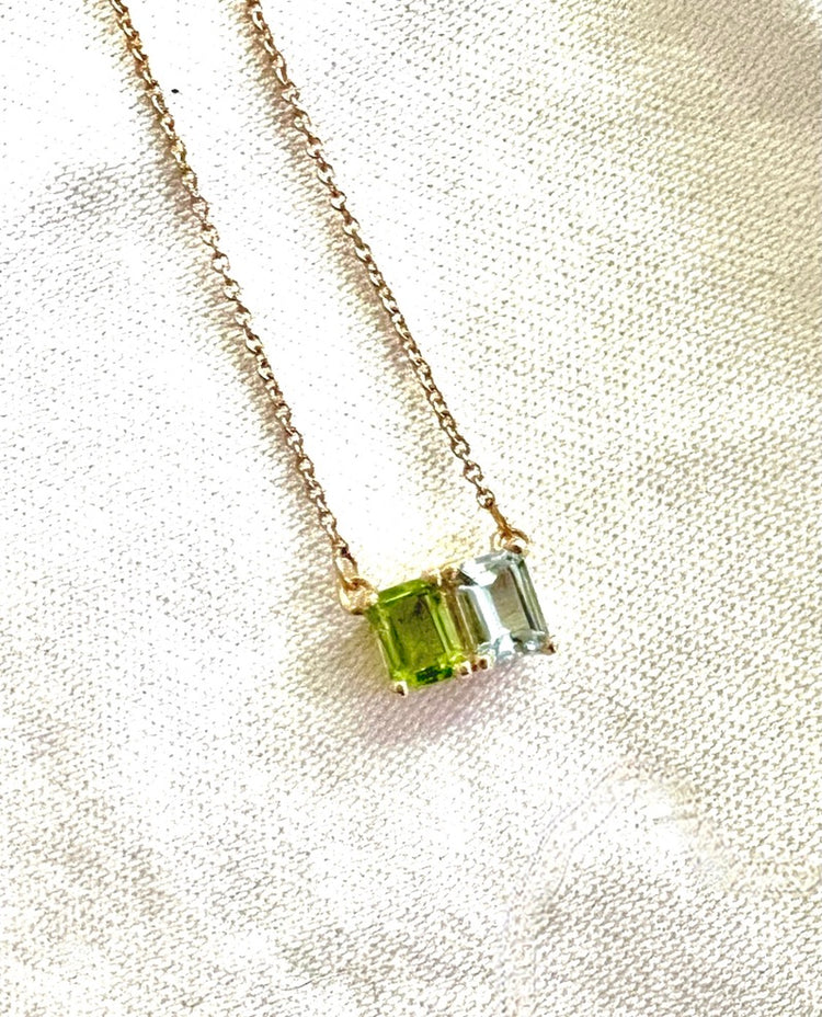 Peridot and Aquamarine 14k gold Lexington Necklace by Hannah Daye jewelry Auqust and March Birthstones
