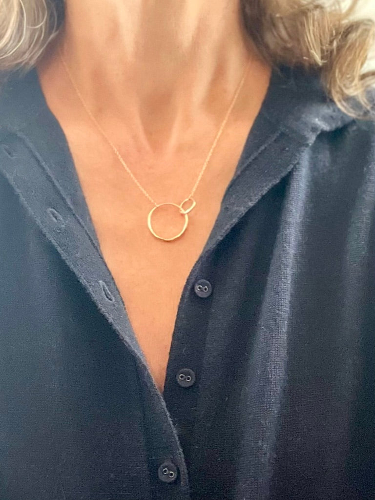 18" Saturn 14k yellow gold necklace by Hannah Daye fine jewelry original design