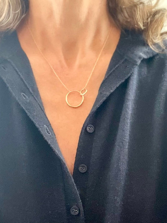 18" Saturn 14k yellow gold necklace by Hannah Daye fine jewelry original design