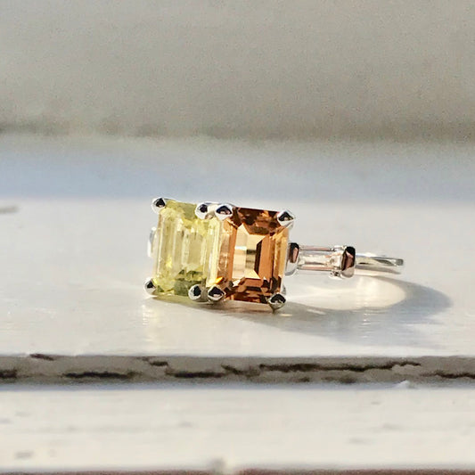 Double Citrine Lexington Ring Sterling Silver jewelry pair of gemstones emerald cut by Hannah Daye & Co