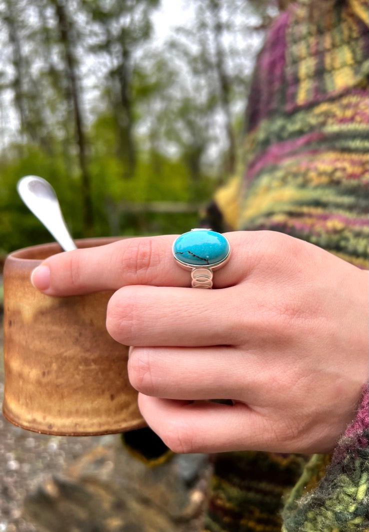 wearing Oslo Ring Turquoise wide band ring sterling silver