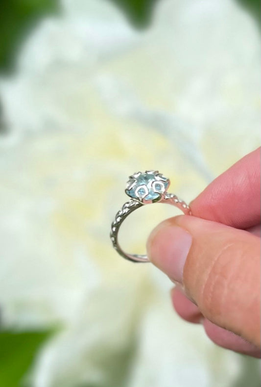 Side view of Poppy Ring Blue Topaz by Hannah Daye