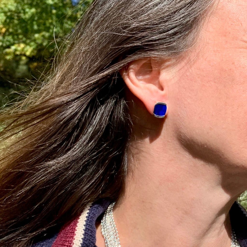 Wearing the Milan Lapis Earrings by Hannah Daye & Co