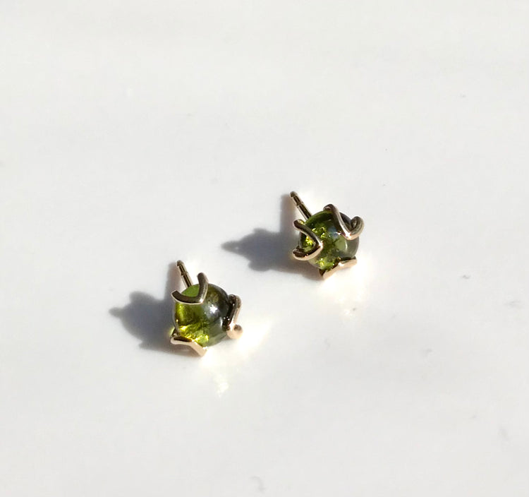 Green Tourmaline Fiore Stud Posts in 14k yellow gold by Hannah Daye jewelry design