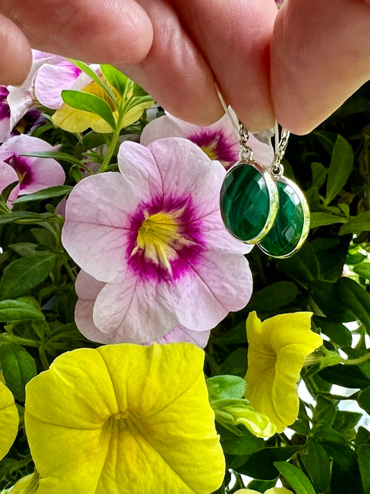 Hannah Daye jewelry dangle earrings Sabine Malachite sterling silver shown with million bells lemon and pink