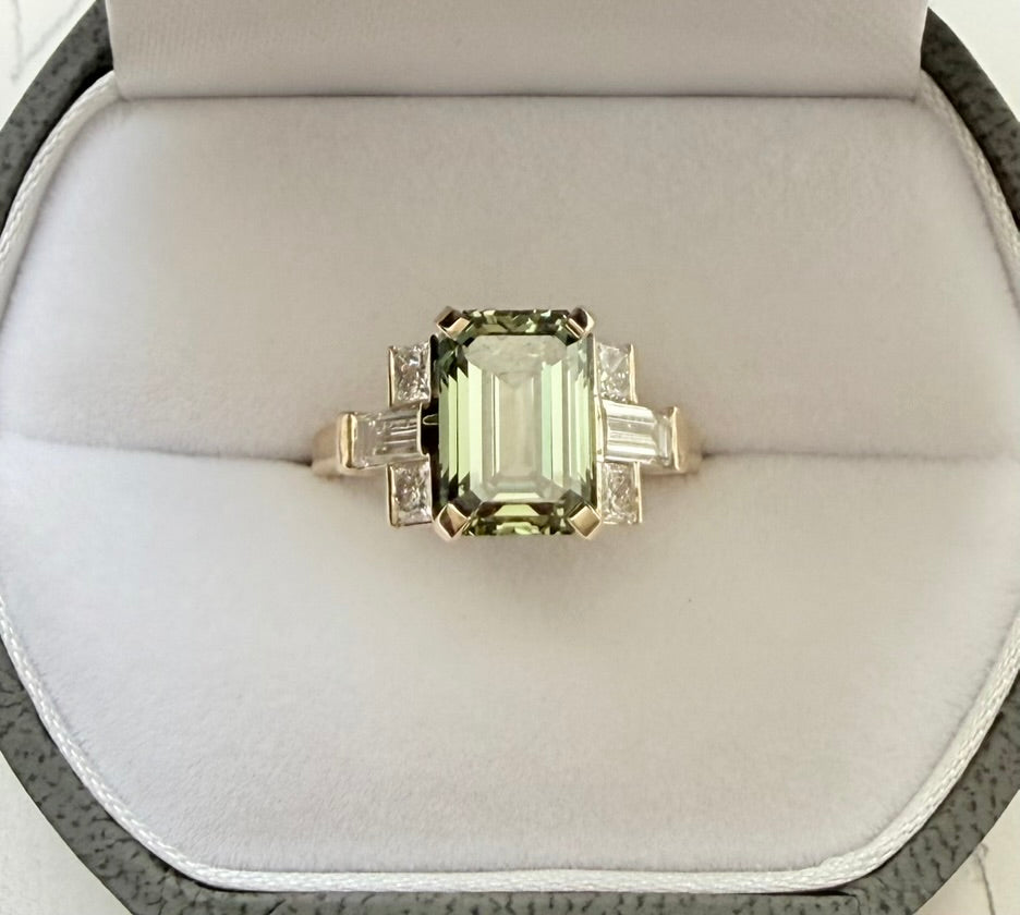 custom 14k yellow gold green diamond engagement ring by Hannah Daye