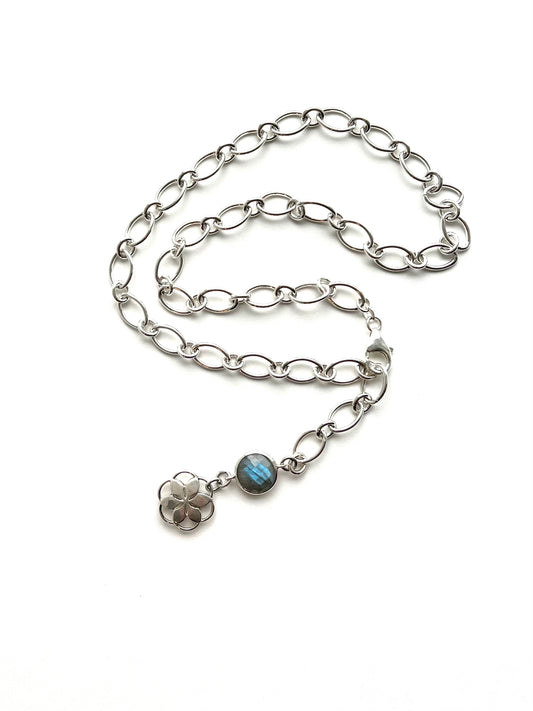 Hannah Daye Labradorite Rosette Charm Cascade Chain adjustable Necklace